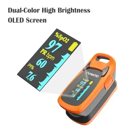 Fingertip Pulse Oximeter with Plethysmograph and Perfusion Index, include carrying case, Large OLED Digital Display Blood Oxygen Saturation Monitor Heart Rate Monitor (Color: Red-Orange) - 10