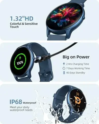 Parsonver Ayollar va Erkaklar uchun Smart Soat (Qo'ng'iroqlarga Javob berish/Qo'ng'iroq qilish) iPhone/Android Telefonlar bilan mos, 100+ Sport Rejimiga ega Fitness Tracker IP68 Suv o'tkazmaydigan, Yurak urishi/Qon Kislorodi/Uyqu/Qadamlar Monitori, Moviy - 5