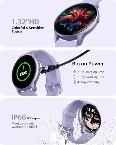 Parsonver Smart Watch(Answer/Make Calls), Ayollar va erkaklar uchun aqlli soat IP68 suv o'tkazmaydigan, 100+ sport rejimlari fitnes aktivlik trekeri, yurak urishi/uyqu/qadamlar monitori, Android iPhone uchun fitnes soati, binafsha - 5