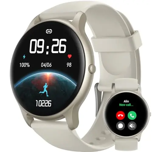 Parsonver Smart Watch(Qo'ng'iroqlarga javob berish/Qo'ng'iroq qilish), Ayollar va erkaklar uchun smartwatch, 100+ sport rejimi/Yurak urishi/Qon kislorodi/Uyqu kuzatuvchisi, Pedometr, Android iPhone uchun IP68 suv o'tkazmaydigan fitnes trekeri, Yulduzli kumush 