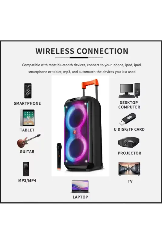 Party Box Bluetooth Hoparlör Büyük Boy Taşınabilir Şarjlı Kablosuz Hoparlör + Karaoke Mikrofon - 6