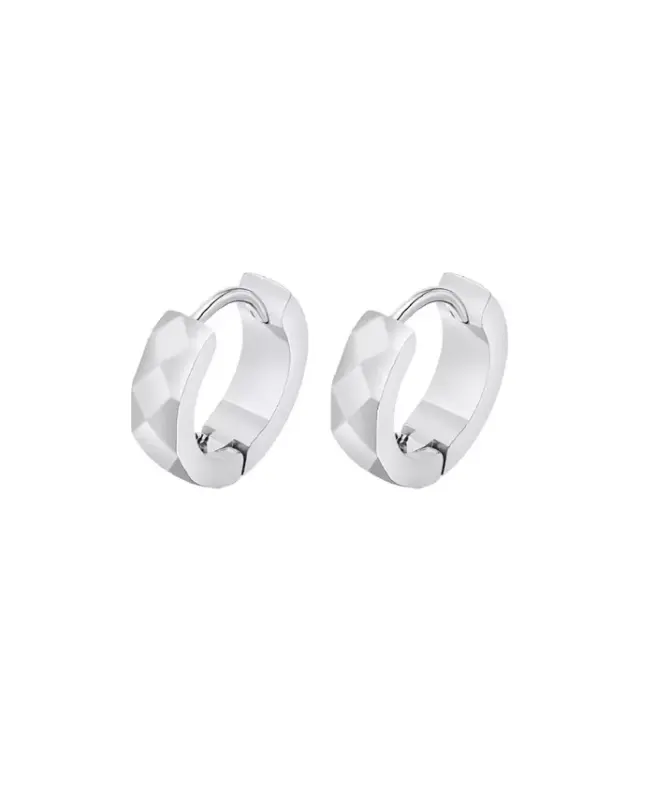 Stainless Steel Diamond Design Huggie Hoop Earrings - Silver - 1