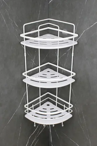 Paslanmaz Kristal Raflı Beyaz Lamalı Üçlü Şampuanlık Yapışkanlı Banyo Düzenleyici Köşeliği Rafı-BEYAZ - 3