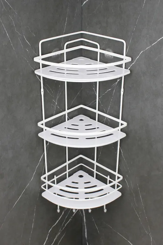 Paslanmaz Kristal Raflı Beyaz Lamalı Üçlü Şampuanlık Yapışkanlı Banyo Düzenleyici Köşeliği Rafı-BEYAZ - 3