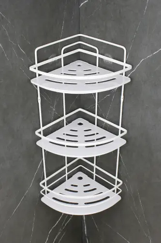 Paslanmaz Kristal Raflı Beyaz Lamalı Üçlü Şampuanlık Yapışkanlı Banyo Düzenleyici Köşeliği Rafı-BEYAZ - HIMYHOME (1)