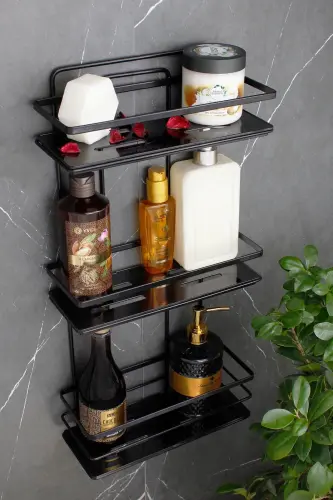 Paslanmaz Kristal Raflı Üçlü Lamalı Banyo Ve Kozmetik Düzenleyici Siyah Banyo Rafı Şampuanlık - SİYAH - Siyah Raf - 3