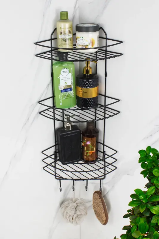 Paslanmaz Lif Askılıklı Ekonomik Yapışkanlı Üçlü Şampuanlık Banyo Köşeliği Duş Köşe Rafı Düzenleyici-SİYAH - HIMYHOME