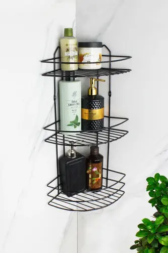 Paslanmaz Lif Askılıklı Ekonomik Yapışkanlı Üçlü Şampuanlık Banyo Köşeliği Duş Köşe Rafı Düzenleyici-SİYAH - 3