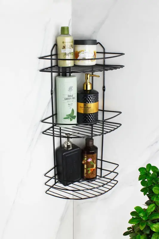 Paslanmaz Lif Askılıklı Ekonomik Yapışkanlı Üçlü Şampuanlık Banyo Köşeliği Duş Köşe Rafı Düzenleyici-SİYAH - 3