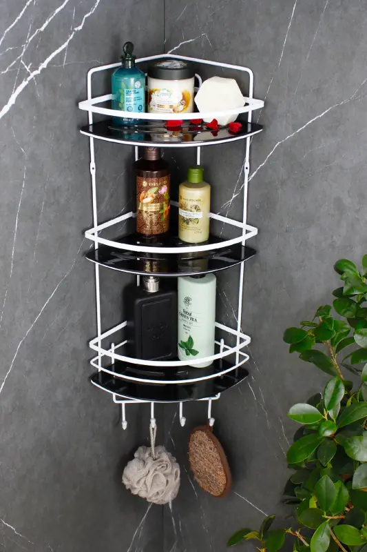 Paslanmaz Lif Askılıklı Kristal Raflı Beyaz Lamalı Şampuanlık Yapışkanlı Banyo Düzenleyici Rafı-BEYAZ - HIMYHOME