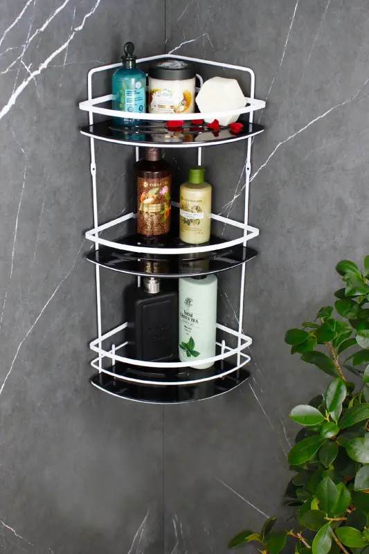 Paslanmaz Lif Askılıklı Kristal Raflı Beyaz Lamalı Şampuanlık Yapışkanlı Banyo Düzenleyici Rafı-BEYAZ - 2