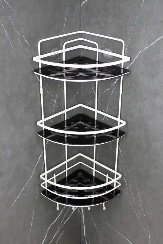 Paslanmaz Lif Askılıklı Kristal Raflı Beyaz Lamalı Şampuanlık Yapışkanlı Banyo Düzenleyici Rafı-BEYAZ - 3