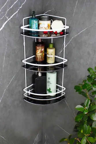 Paslanmaz Lif Askılıklı Kristal Raflı Beyaz Lamalı Şampuanlık Yapışkanlı Banyo Düzenleyici Rafı-BEYAZ - HIMYHOME (1)