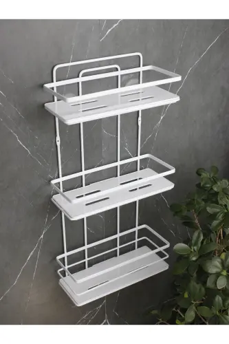Paslanmaz Lif Askılıklı Kristal Raflı Üçlü Banyo Ve Kozmetik Düzenleyici Beyaz Banyo Rafı Şampuanlık - BEYAZ - Beyaz Raf - 5