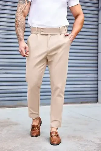 PASLTER Mens Chino Pants Slim Fit Flat Front Stretch Skinny Tapered Dress Pants Casual Trousers - Modazone (1)
