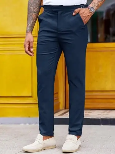 PASLTER Mens Chinos Pants Slim Fit Stretch Flat-Front Skinny Dress Suit Pants Cotton Slacks - 2