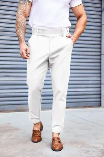 PASLTER Mens Chino Pants Slim Fit Flat Front Stretch Skinny Tapered Dress Pants Casual Trousers - 2