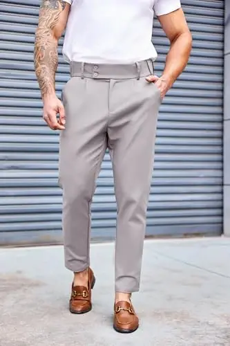 PASLTER Mens Chino Pants Slim Fit Flat Front Stretch Skinny Tapered Dress Pants Casual Trousers - 2