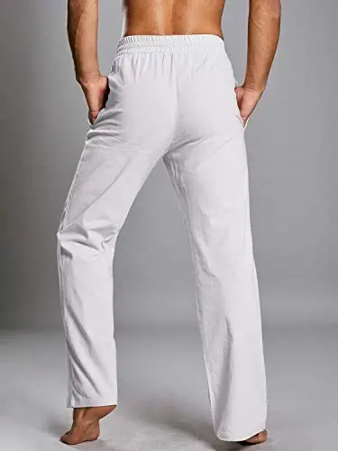 PASLTER Mens Casual Linen Pants Loose Fit Elastic Drawstring Waist Straight-Legs Summer Yoga Beach Long Pants - 5