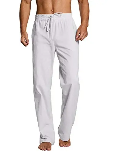PASLTER Mens Casual Linen Pants Loose Fit Elastic Drawstring Waist Straight-Legs Summer Yoga Beach Long Pants 