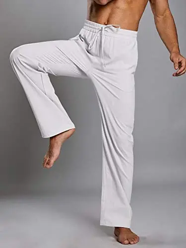 PASLTER Mens Casual Linen Pants Loose Fit Elastic Drawstring Waist Straight-Legs Summer Yoga Beach Long Pants - 3