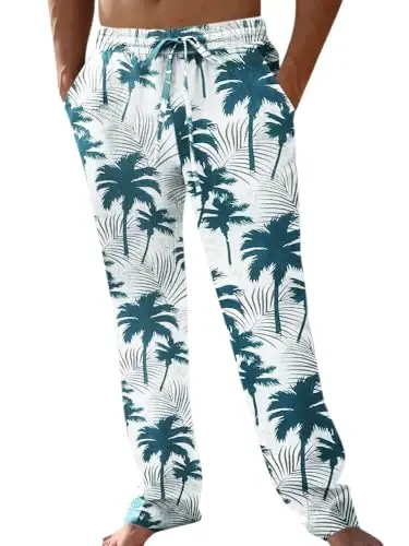 PASLTER Mens Casual Linen Pants Loose Fit Elastic Drawstring Waist Straight-Legs Summer Yoga Beach Long Pants - 1