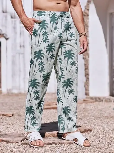 PASLTER Mens Casual Linen Pants Loose Fit Elastic Drawstring Waist Straight-Legs Summer Yoga Beach Long Pants - 3