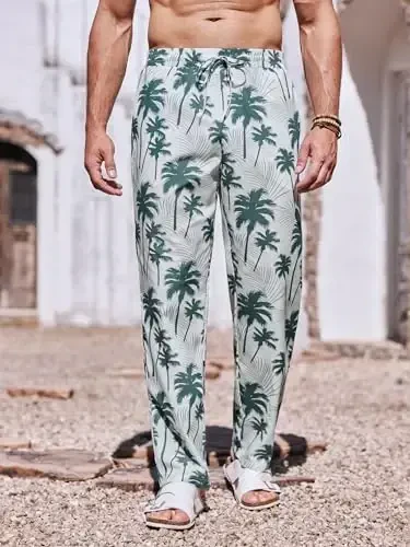 PASLTER Mens Casual Linen Pants Loose Fit Elastic Drawstring Waist Straight-Legs Summer Yoga Beach Long Pants - 2