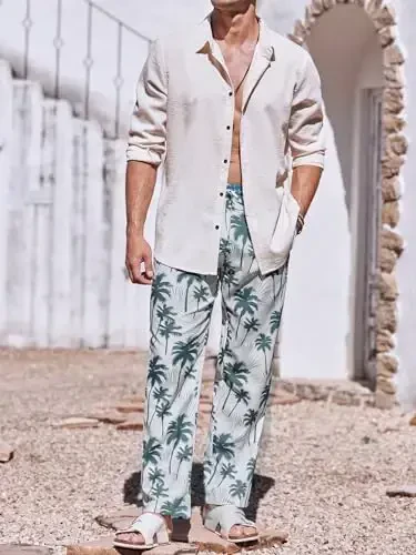 PASLTER Mens Casual Linen Pants Loose Fit Elastic Drawstring Waist Straight-Legs Summer Yoga Beach Long Pants - 4