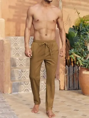 PASLTER Mens Casual Linen Pants Loose Fit Elastic Drawstring Waist Straight-Legs Summer Yoga Beach Long Pants - 4