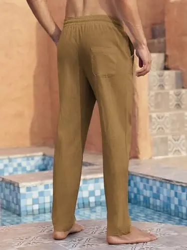 PASLTER Mens Casual Linen Pants Loose Fit Elastic Drawstring Waist Straight-Legs Summer Yoga Beach Long Pants - 3