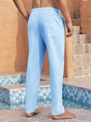 PASLTER Mens Casual Linen Pants Loose Fit Elastic Drawstring Waist Straight-Legs Summer Yoga Beach Long Pants - 3