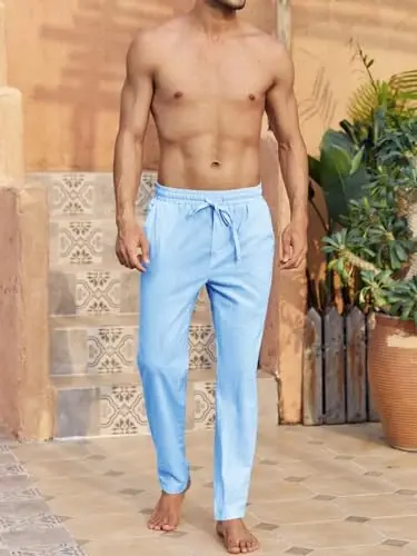 PASLTER Mens Casual Linen Pants Loose Fit Elastic Drawstring Waist Straight-Legs Summer Yoga Beach Long Pants - 4
