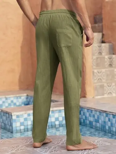 PASLTER Mens Casual Linen Pants Loose Fit Elastic Drawstring Waist Straight-Legs Summer Yoga Beach Long Pants - 3