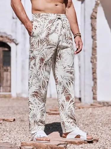 PASLTER Mens Casual Linen Pants Loose Fit Elastic Drawstring Waist Straight-Legs Summer Yoga Beach Long Pants - 3