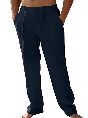 PASLTER Mens Casual Linen Pants Loose Fit Elastic Drawstring Waist Straight-Legs Summer Yoga Beach Long Pants 