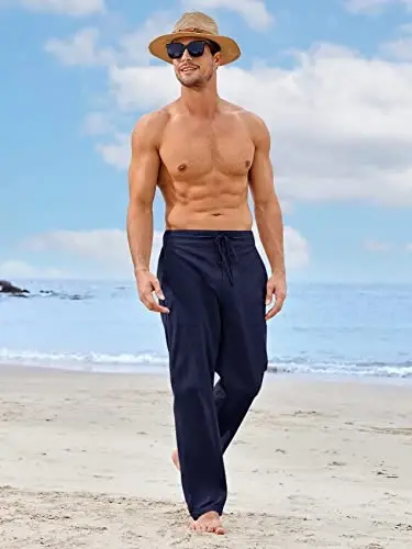 PASLTER Mens Casual Linen Pants Loose Fit Elastic Drawstring Waist Straight-Legs Summer Yoga Beach Long Pants - PASLTER (1)