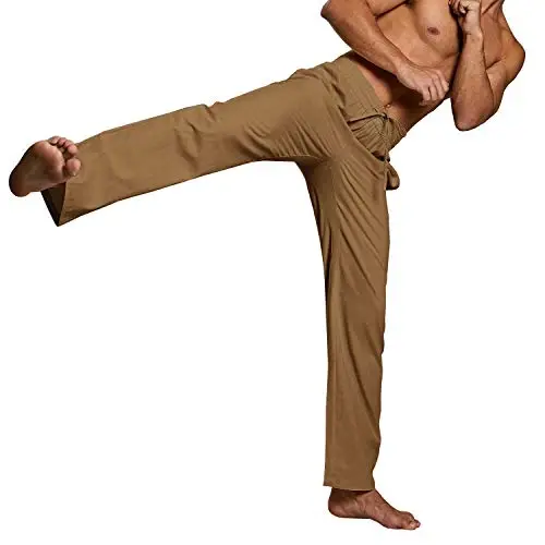 PASLTER Mens Casual Linen Pants Loose Fit Elastic Drawstring Waist Straight-Legs Summer Yoga Beach Long Pants - 4