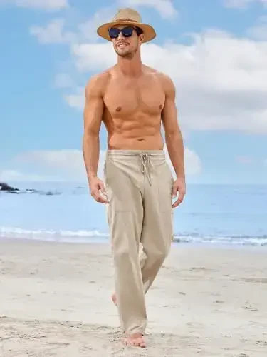 PASLTER Mens Casual Linen Pants Loose Fit Elastic Drawstring Waist Straight-Legs Summer Yoga Beach Long Pants - 3