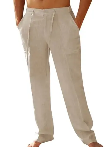 PASLTER Mens Casual Linen Pants Loose Fit Elastic Drawstring Waist Straight-Legs Summer Yoga Beach Long Pants - PASLTER