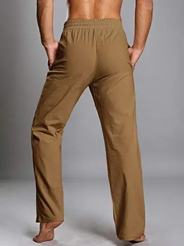PASLTER Mens Casual Linen Pants Loose Fit Elastic Drawstring Waist Straight-Legs Summer Yoga Beach Long Pants - 5