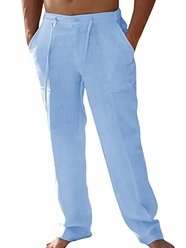 PASLTER Mens Casual Linen Pants Loose Fit Elastic Drawstring Waist Straight-Legs Summer Yoga Beach Long Pants - PASLTER