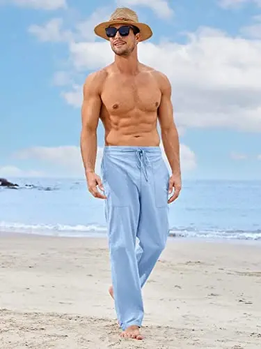 PASLTER Mens Casual Linen Pants Loose Fit Elastic Drawstring Waist Straight-Legs Summer Yoga Beach Long Pants - PASLTER (1)