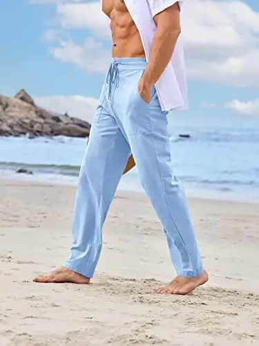 PASLTER Mens Casual Linen Pants Loose Fit Elastic Drawstring Waist Straight-Legs Summer Yoga Beach Long Pants - 3