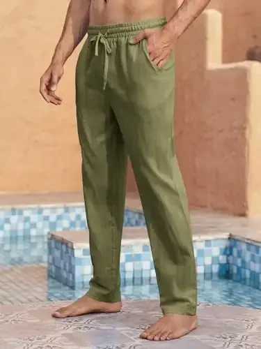 PASLTER Mens Casual Linen Pants Loose Fit Elastic Drawstring Waist Straight-Legs Summer Yoga Beach Long Pants - 2