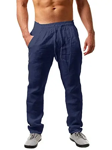PASLTER Mens Casual Linen Pants Loose Fit Elastic Drawstring Waist Straight-Legs Summer Yoga Beach Long Pants - 1