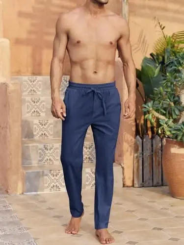 PASLTER Mens Casual Linen Pants Loose Fit Elastic Drawstring Waist Straight-Legs Summer Yoga Beach Long Pants - 4