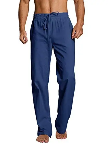 PASLTER Mens Casual Linen Pants Loose Fit Elastic Drawstring Waist Straight-Legs Summer Yoga Beach Long Pants - PASLTER