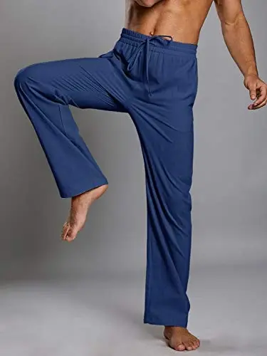 PASLTER Mens Casual Linen Pants Loose Fit Elastic Drawstring Waist Straight-Legs Summer Yoga Beach Long Pants - 4