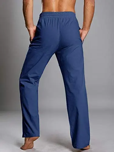 PASLTER Mens Casual Linen Pants Loose Fit Elastic Drawstring Waist Straight-Legs Summer Yoga Beach Long Pants - 5